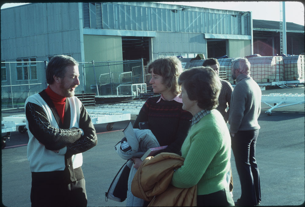 Australian Antarctic Division Director Jim Bleasel and Victorian Senator Olive Zakharov (right) at Hobart wharf, 1984. Senator Zakharov, Senator Noel Crichton-Browne and Secretary of the Senate Standing Committee  on Natural Resources, Peter J. Roberts, travelled to Casey station in Dec 1984 on the MV Icebird. Photograph by Stephen Brookes, Australian Antarctic Division.