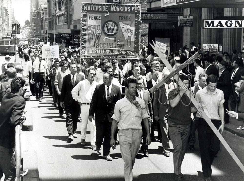 Protesters in Melbourne against the decision to hang convicted murderer Ronald Ryan, 29 January 1967. The Age, FXJ352892.