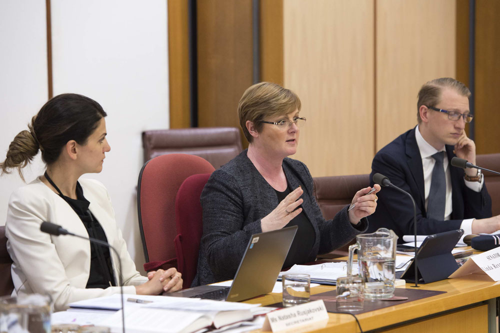 Chair of the Education and Employment Legislation Committee, Senator Linda Reynolds, questioning witnesses during a supplementary budget estimates hearing, 25 October 2017. L-R: Natasha Rusjakovski [Acting Secretary], Senators Linda Reynolds [Chair] and James Paterson. DPS Auspic.