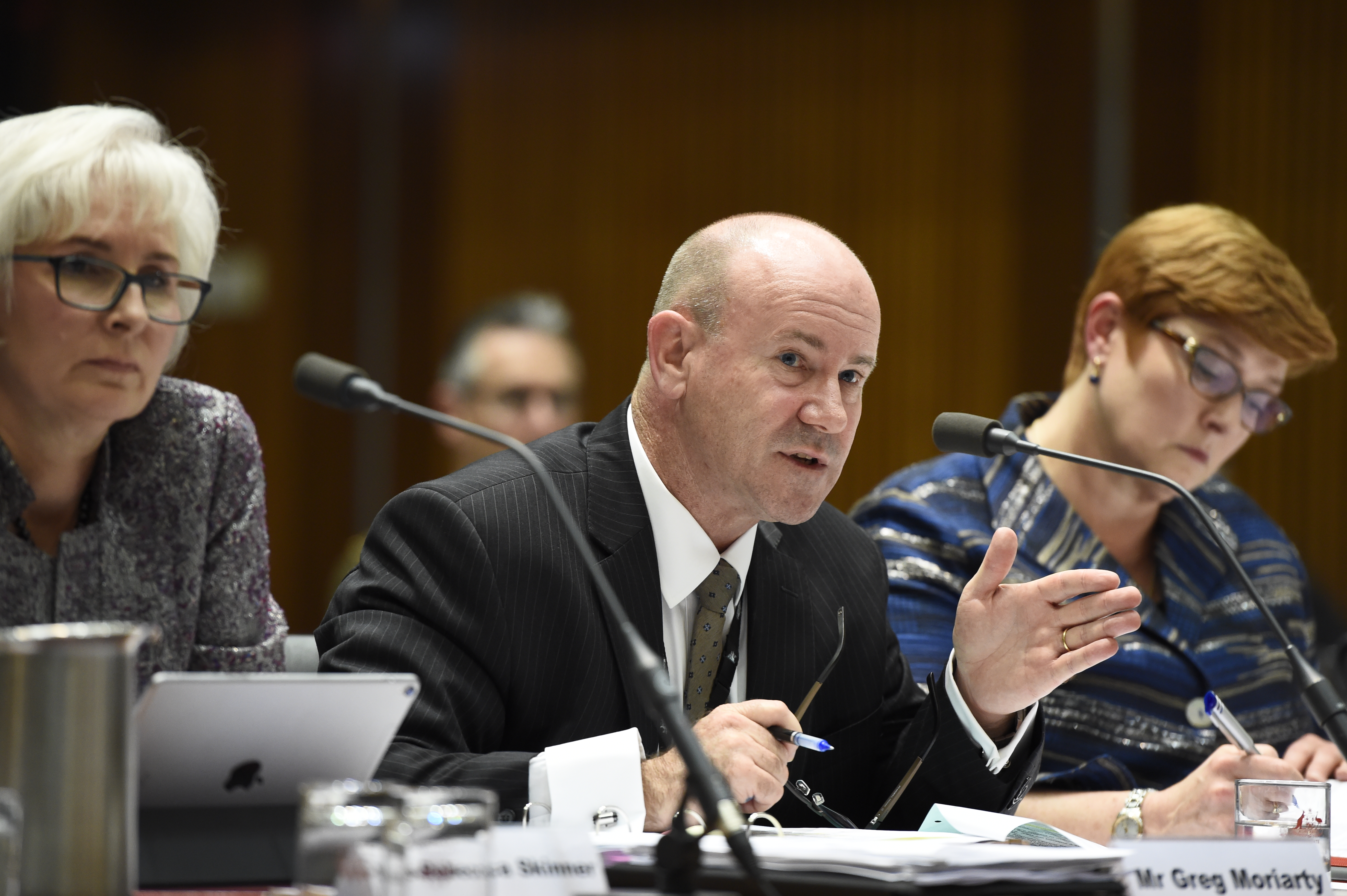 Greg Moriarty, Secretary of the Department of Defence, answering questions with Rebecca Skinner [Acting Associate Secretary, Department of Defence] and Senator the Hon Marise Payne, Minister for Defence (right), 29 May 2018. DPS Auspic.