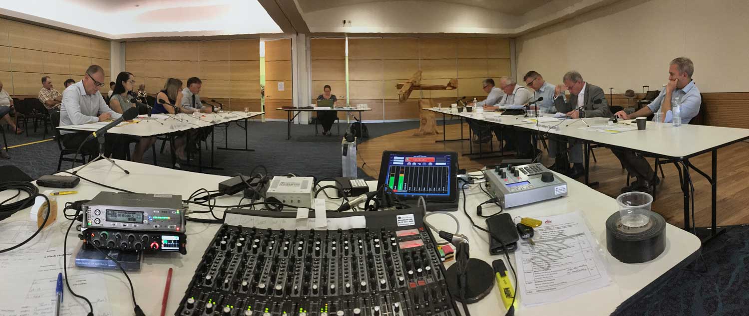 Representatives from Mount Isa City Council appear before the Rural and Regional Affairs and Transport References Committee, 12 April 2018. L-R at table on right: Senators Rex Patrick and Barry O'Sullivan [Acting Chair], Tim Watling [Acting Committee Secretary] and Senators Richard Colbeck and Anthony Chisholm. Image courtesy of Parliamentary Broadcasting.