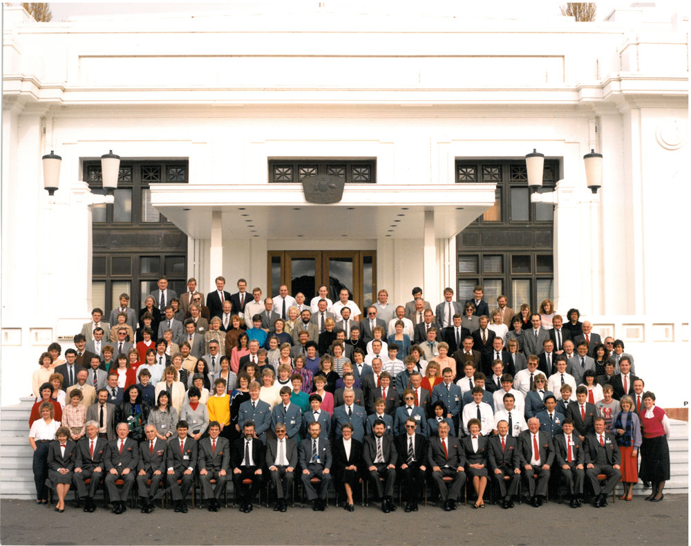 Department of the Senate staff on the steps of the provisional Parliament House in 1988.