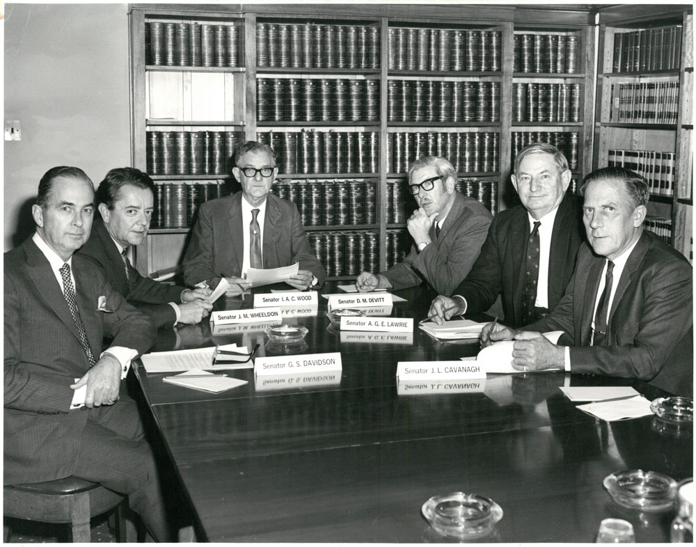 Standing Committee on Regulations and Ordinances, April 1971. L-R: Senators Gordon Davidson, John Wheeldon, Ian Wood [Chair], Don Devitt [Deputy Chair], Ellis Lawrie and Jim Cavanagh. NAA: A1200, L95156.