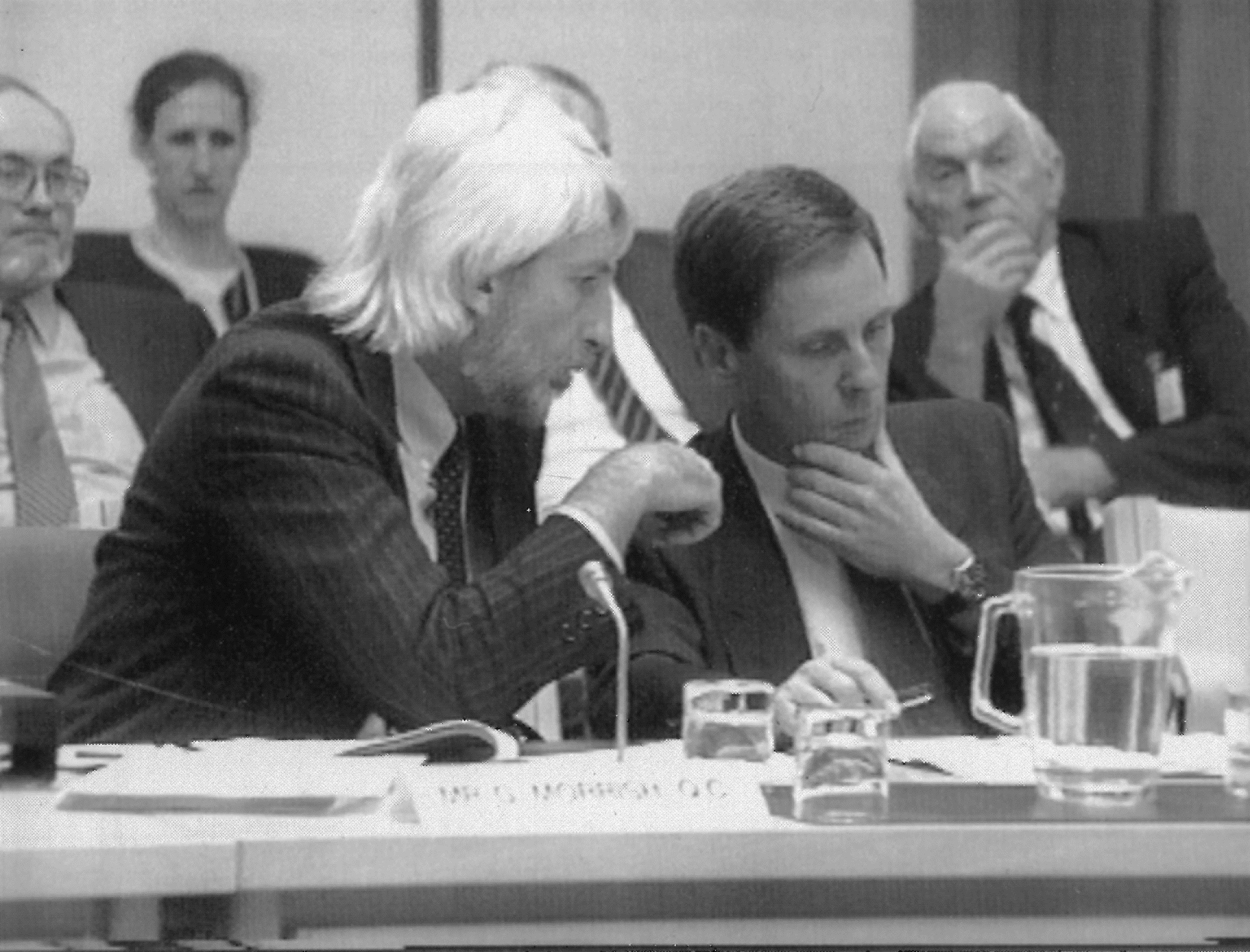 Graham Morrish QC advises Julian Leckie, a witness at the Committee of Privileges hearing, 27 April 1992. In all, seven Queen's Counsel took part in the hearing.