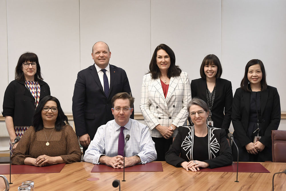 Members and staff of the Education and Employment References Committee, 11 September 2019. Standing L-R: Dr Jane Thomson [Committee Secretary], Senators Matt O'Sullivan and Deborah O'Neill, Kate Campbell [Senior Research Officer] and Pothida Youhorn [Principal Research Officer]. Seated L-R: Senators Mehreen Faruqi, James McGrath [Deputy Chair] and Louise Pratt [Chair].