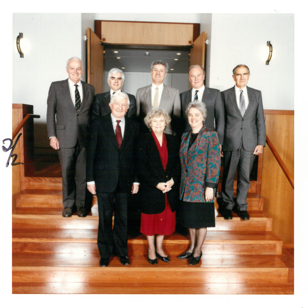 Members of the Standing Committee of Privileges farewelling retiring Senators Peter Durack, Patricia Giles and Janet Powell, 1993. Back row L-R: Senators John Herron, John Coates, Bruce Childs, Baden Teague [Deputy Chair] and Barney Cooney. Front row L-R: Senators Peter Durack [former Deputy Chair], Patricia Giles [Chair] and Janet Powell. DPS Auspic.