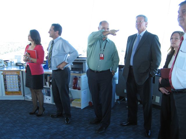 Rural and Regional Affairs and Transport References Committee inspecting the Airservices Australia facilities at Perth Airport, 27 April 2010. L-R: Airservices Australia employee, Senator Glenn Sterle, Airservices Australia employee, Senator Kerry O'Brien, Jeanette Radcliffe [Committee Secretary] and Senator Bill Heffernan.