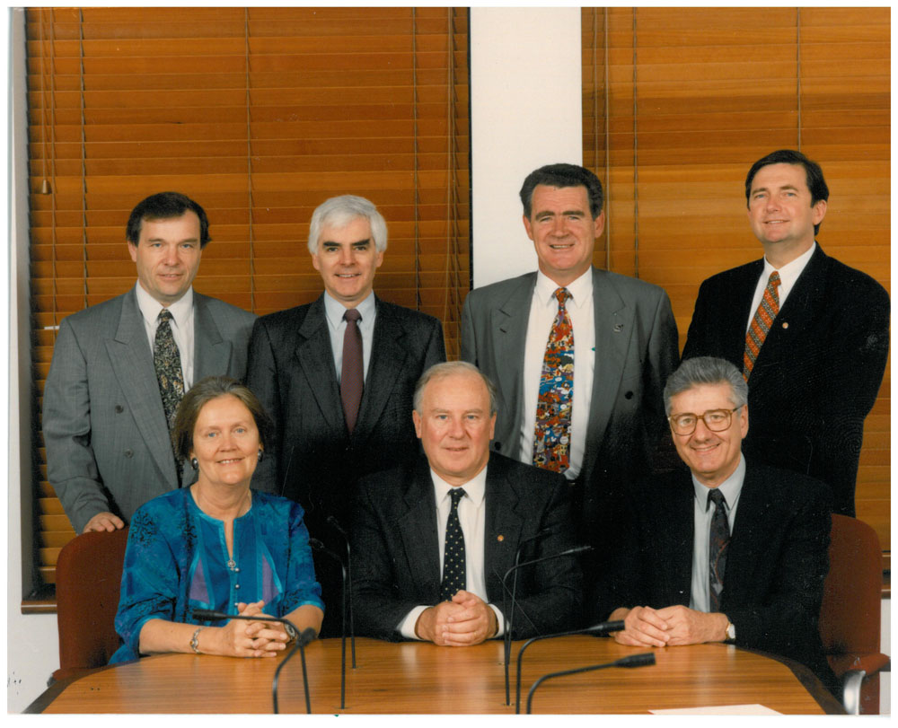 Standing Committee of Privileges, 1994. Standing L-R: Senators Bob Woods, John Coates, Jim McKiernan and Chris Ellison. Seated L-R: Senators Margaret Reynolds [Deputy Chair], Baden Teague [Chair] and Bruce Childs. DPS Auspic.