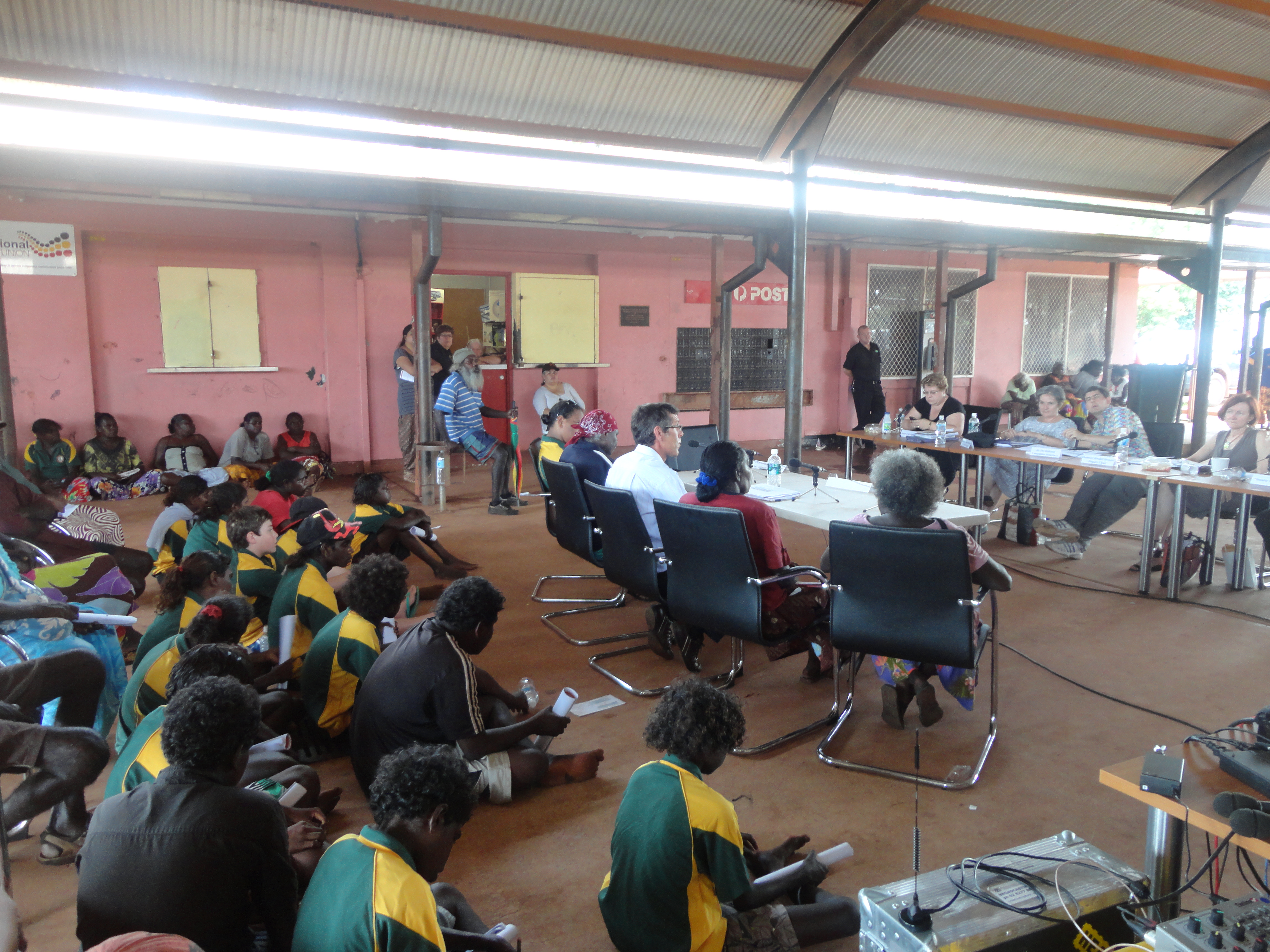 Students and witnesses from Maningrida School appear before the Community Affairs Legislation Committee, Maningrida, NT, 22 February 2012.