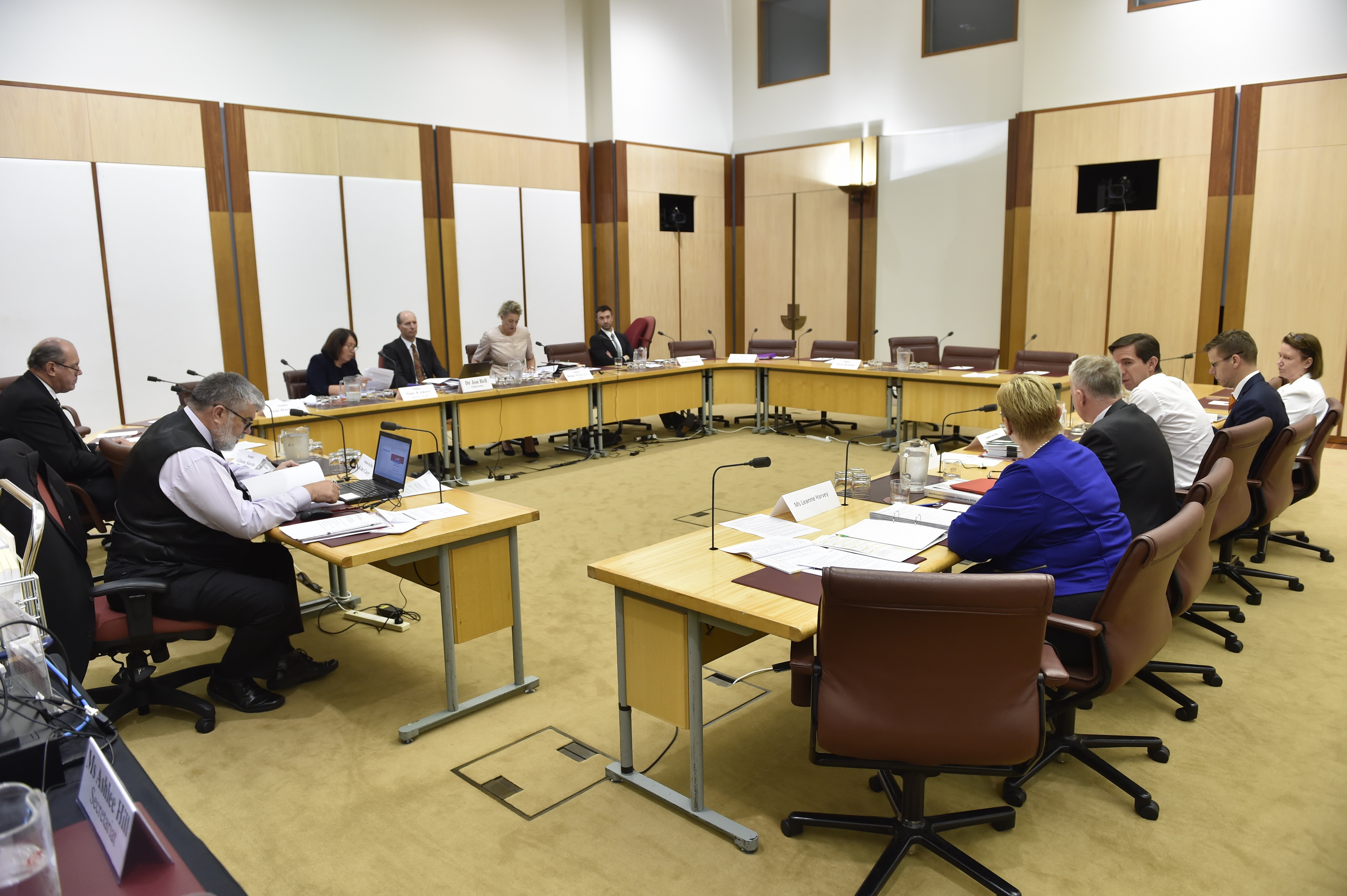 Education and Employment Legislation Committee questioning Senator Simon Birmingham, Minister for Education and Training, and officers from the Department of Education and Training and the Australian Research Council at an additional estimates hearing, 10 February 2016.  Seated facing witnesses clockwise from left: Senators Kim Carr, David Johnston and Sue Lines [Deputy Chair], Dr Jon Bell [Acting Secretary], Senators Bridget McKenzie [Chair] and Robert Simms. DPS Auspic.