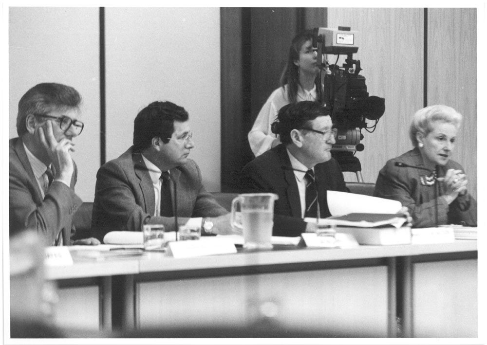 Estimates Committee A supplementary budget estimates hearing, 11 October 1991. Seated L-R: Senator Bruce Childs [Chair], Peter Hamburger [Secretary], Senators John Watson and Bronwyn Bishop.
