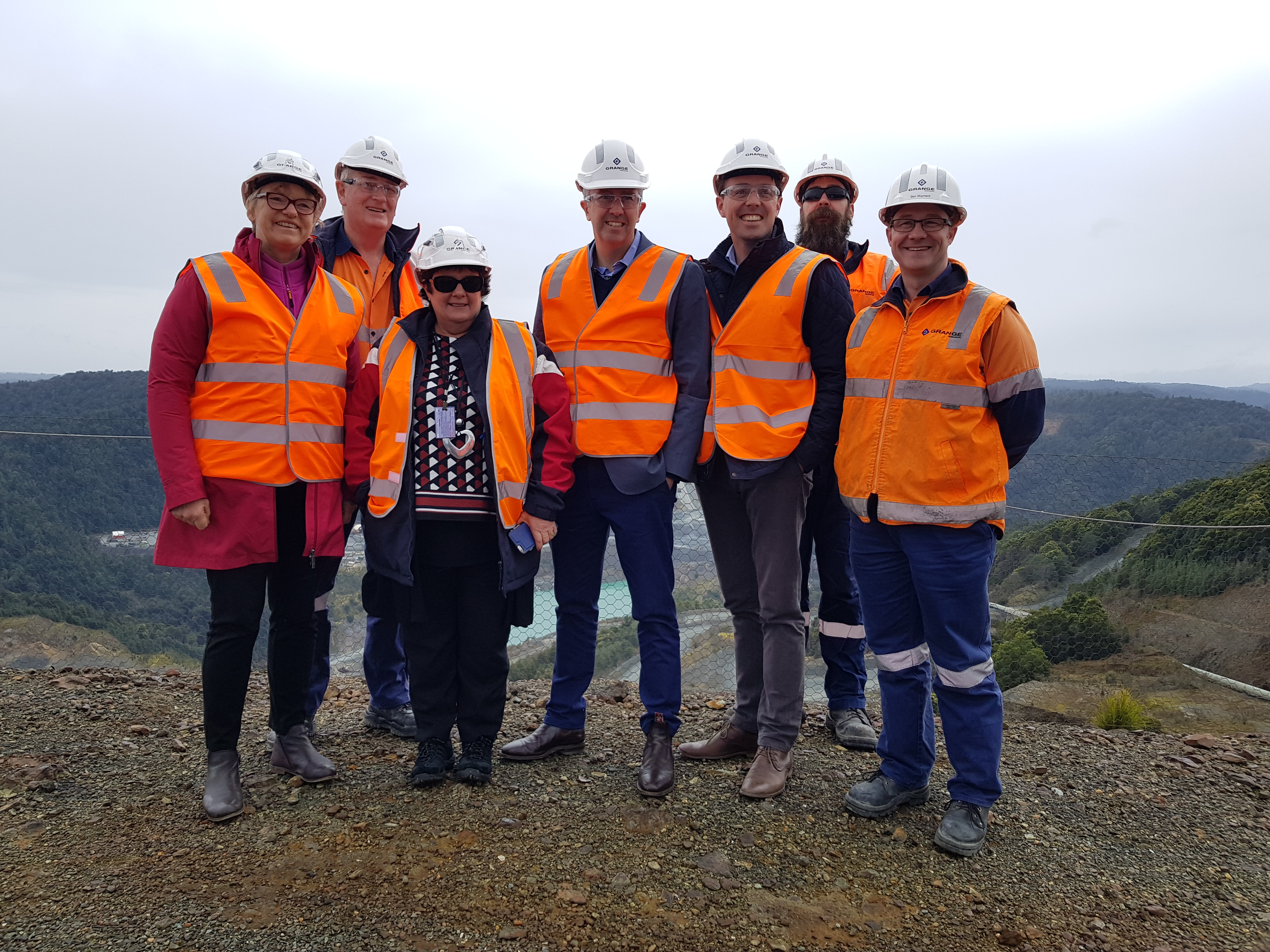 Environment and Communications References Committee inspecting pit operations at Savage River Mine, Tasmania, 11 October 2017. L-R: Senator Janet Rice; Grange Resources employee; Senators Anne Urquhart, Anthony Chisholm and Jonathon Duniam; Grange Resources employee and Ben Maynard, [General Manager Operations, Grange Resources Tasmania].