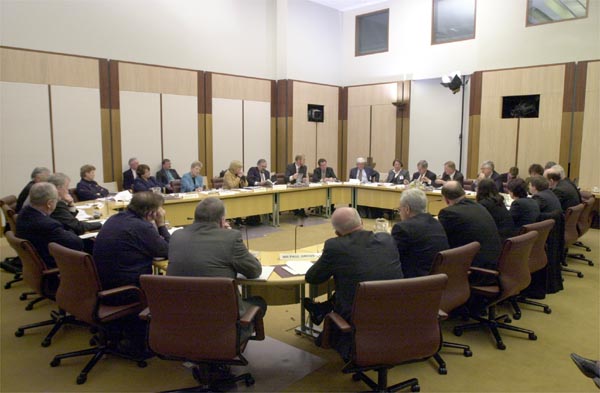 Community Affairs References Committee hearing evidence from representatives from health sector organisations during a roundtable forum convened as part of the committee's inquiry into public hospital funding, 20 November 2000. DPS Auspic.