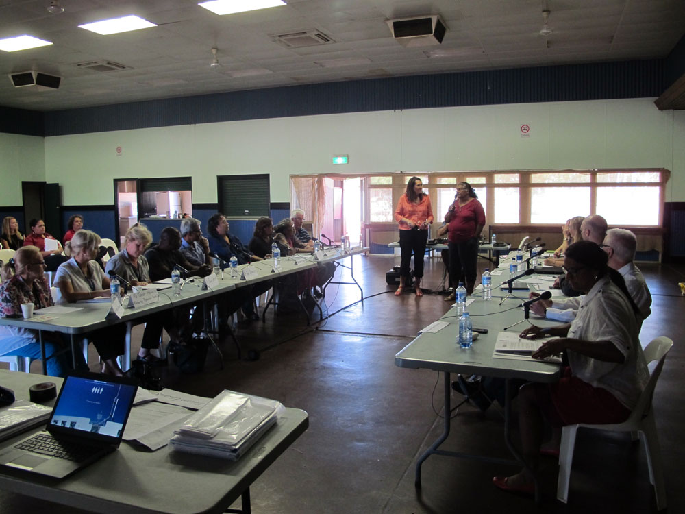 Josephine (Josie) Farrer MLA delivering a Welcome to Country before a public roundtable hearing on Indigenous health issues and access to primary healthcare in rural and remote communities held at Civic Hall, Halls Creek, WA, 28 April 2015.