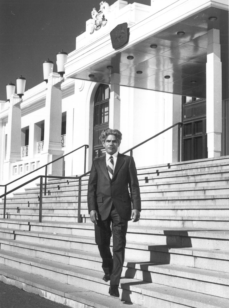 Senator Neville Bonner on the steps of Old Parliament House, 1971. National Archives of Australia, A6180, 23/7/71/45.