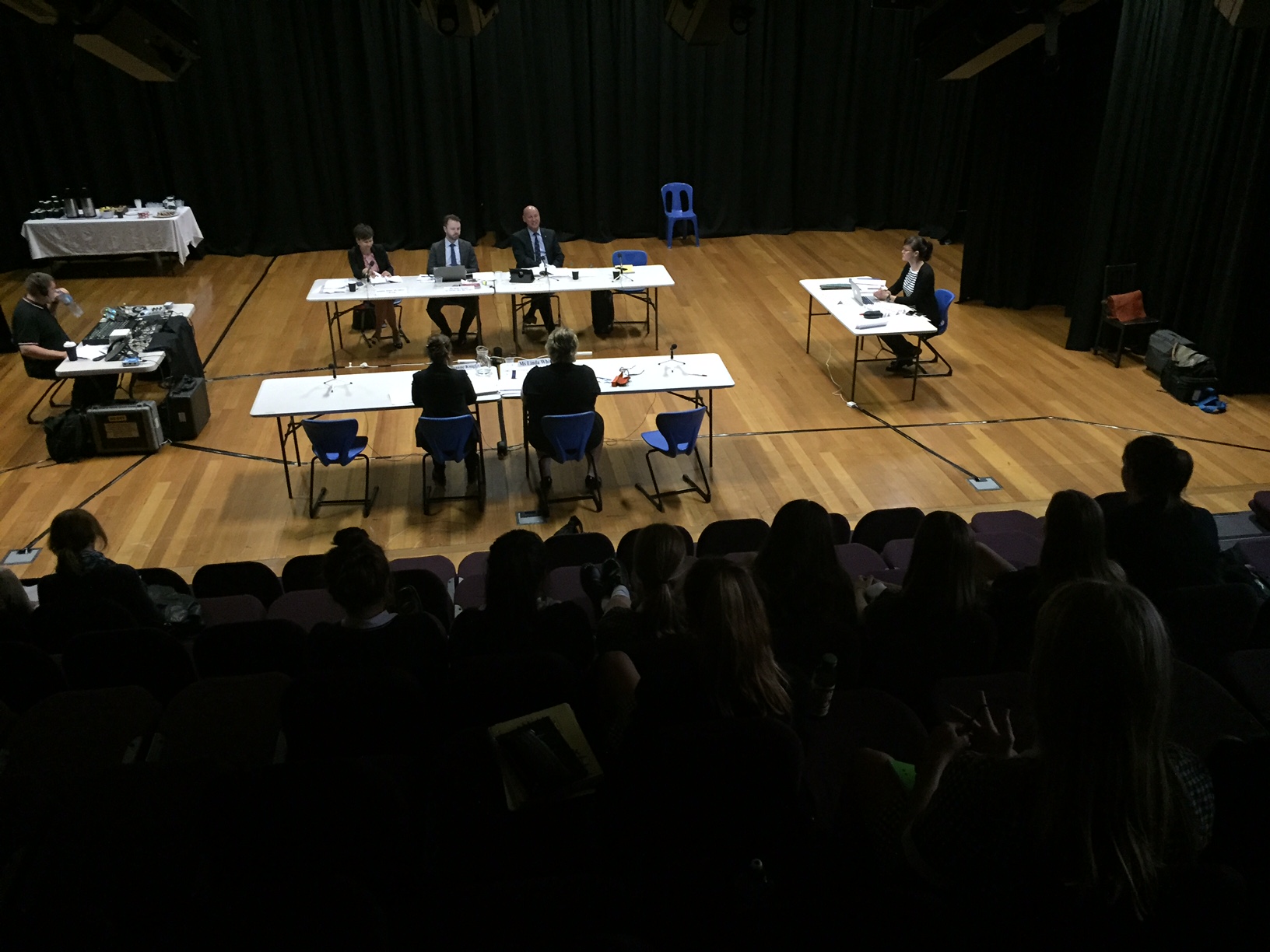 Students from Melbourne Girls' College (Richmond, Vic) observing the public hearing held at their school on 18 February 2016. Facing camera L-R: Senator Jenny McAllister, Sean Turner [Acting Committee Secretary] and Senator Sean Edwards [Deputy Chair]. Witnesses L-R: Joanna Knight and Linda White from the Australian Services Union.