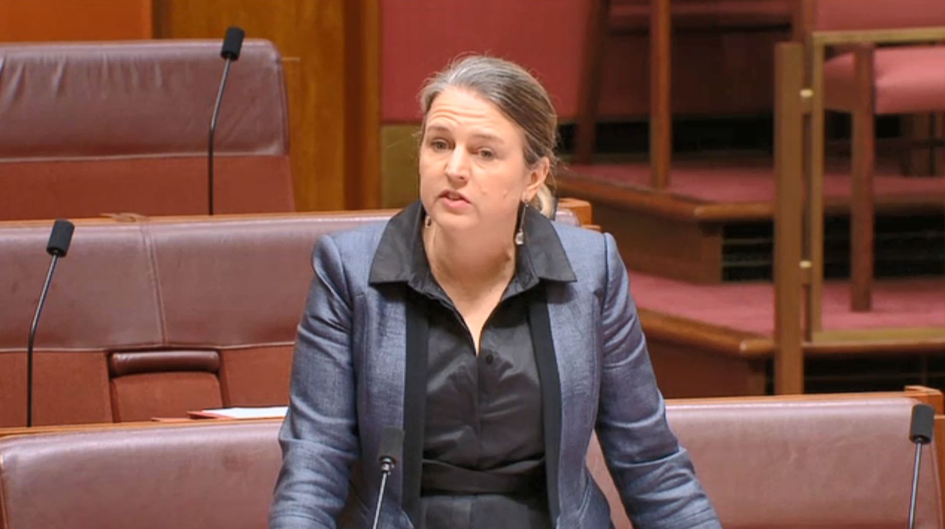 Legal and Constitutional Affairs References Committee Chair Senator Louise Pratt tabling the report of the inquiry into legislative exemptions that allow faith-based educational institutions to discriminate against students, teachers and staff, 26 November 2018.