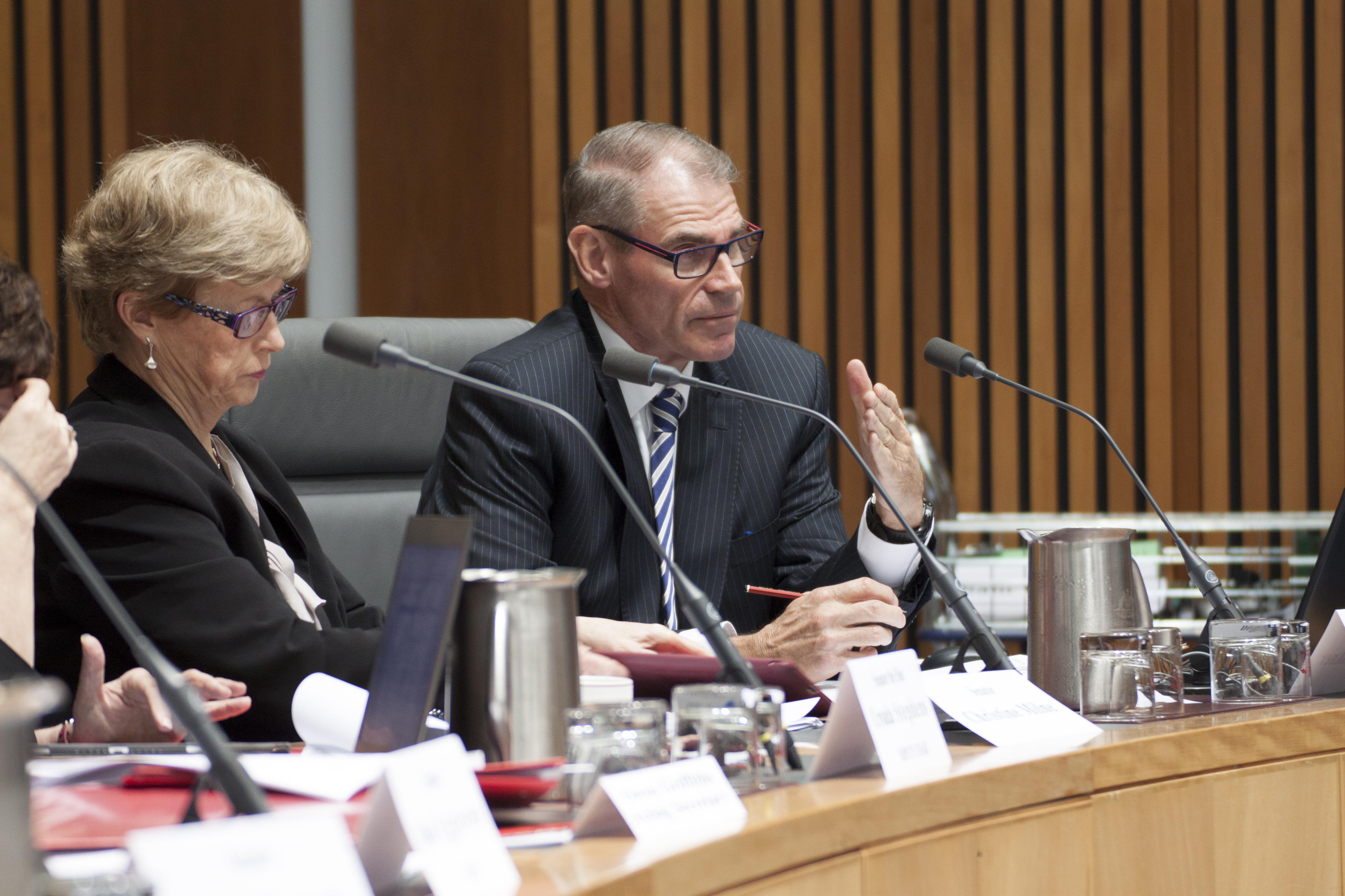 Committee members Senator John Faulkner and Christine Milne at  budget estimates hearing, 2 June 2014.
