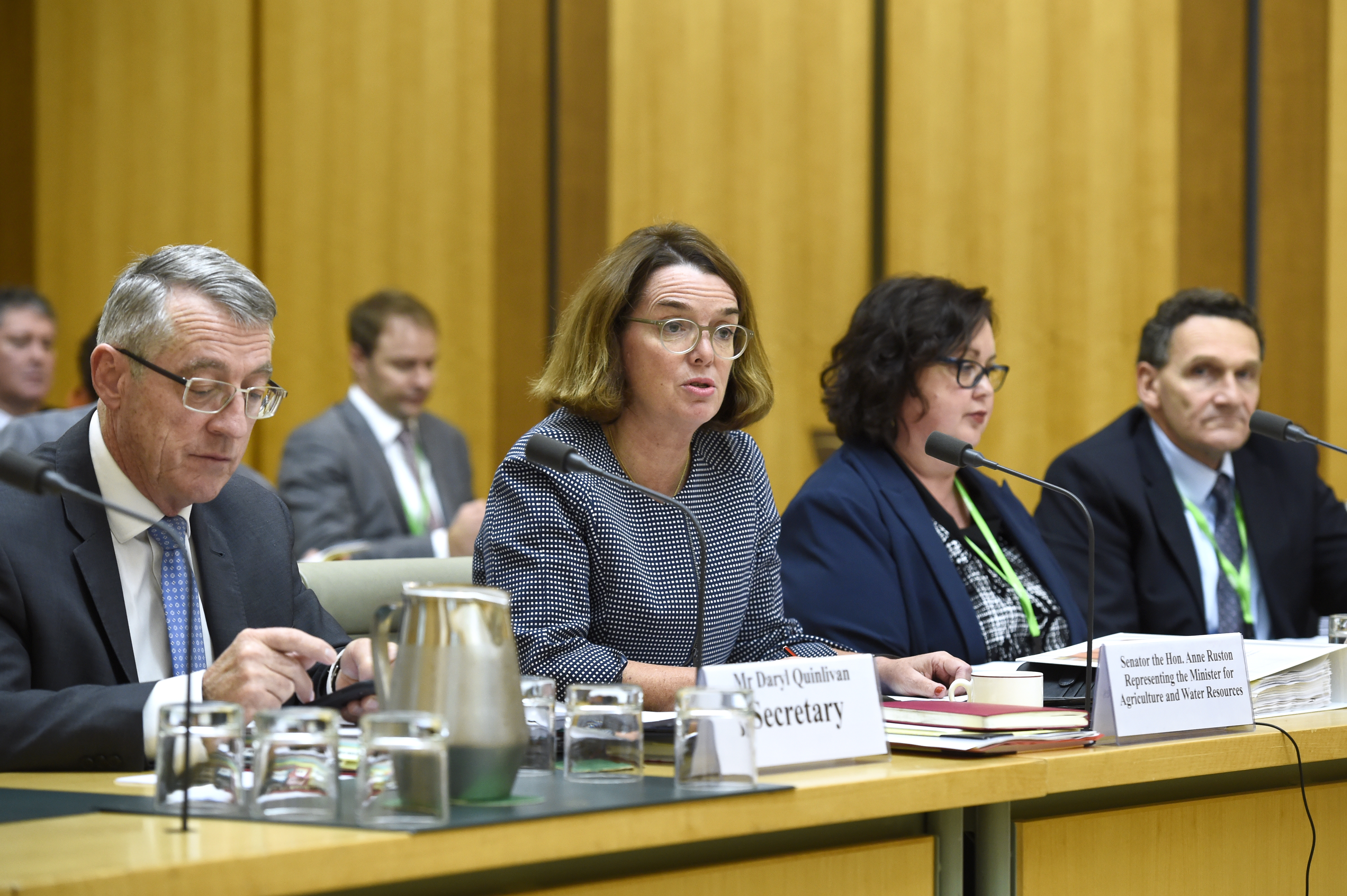 Senator the Hon Anne Ruston, Assistant Minister for Agriculture and Water Resources and officers of the Department of Agriculture and Water Resources answering questions during the budget estimates hearing, 24 May 2018. L-R: Daryl Quinlivan [Departmental Secretary], Senator the Hon Anne Ruston, Michelle Lauder [Assistant Secretary] and Ian Thompson [First Assistant Secretary]. DPS Auspic.