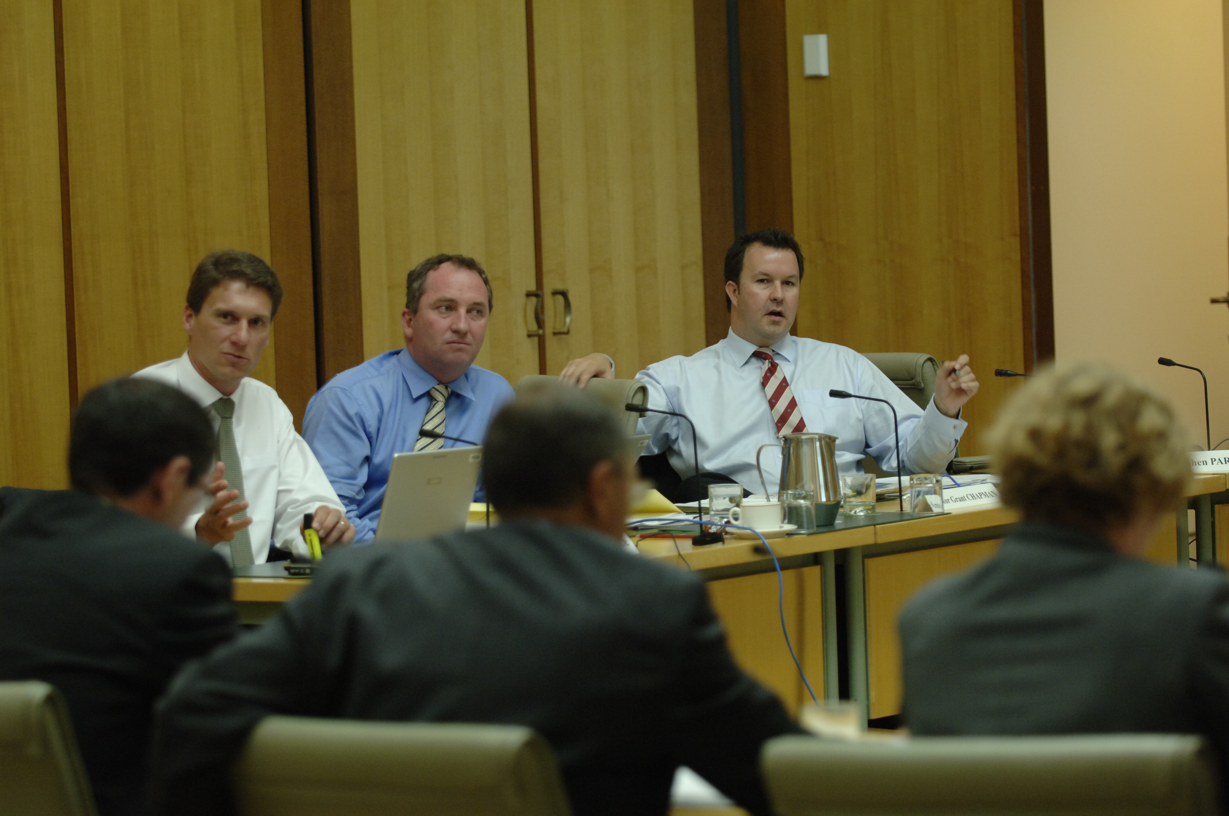 Economics Committee member Senator David Bushby questioning officers at an additional estimates hearing, 20 February 2008. L-R: Senators Cory Bernardi, Barnaby Joyce and David Bushby. DPS Auspic.