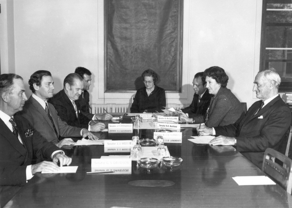 From left: Senators Gordon Davidson, Jim Webster and Joe Fitzgerald, C. Campbell [Committee Secretary], Senators Ivy Wedgwood [Chair], Doug McClelland, Nancy Buttfield and Reg Turnbull.