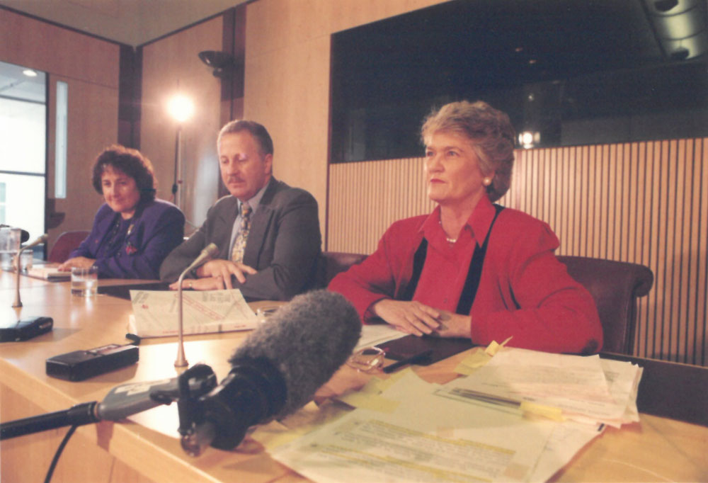 Members of the Select Committee on Public Interest Whistleblowing at the launch of its report, 'In the Public Interest', 31 August 1994. L-R: Senators Christabel Chamarette, Shayne Murphy [Deputy Chair] and Jocelyn Newman [Chair]. DPS Auspic.