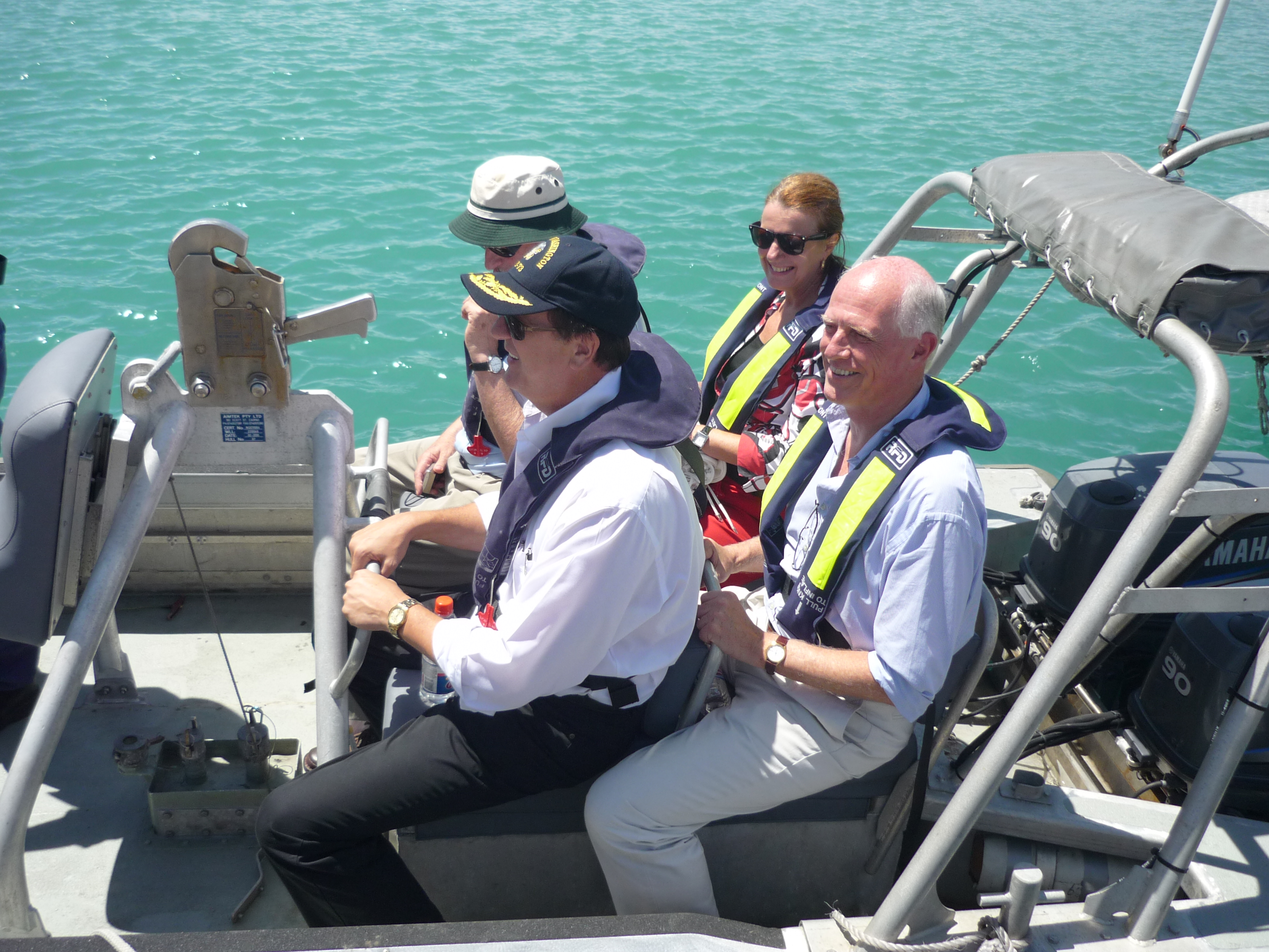 Foreign Affairs Defence and Trade References Committee on the Island of Saibai, 23 March 2010. L-R: Senators Mark Bishop, Helen Kroger and Russell Trood.