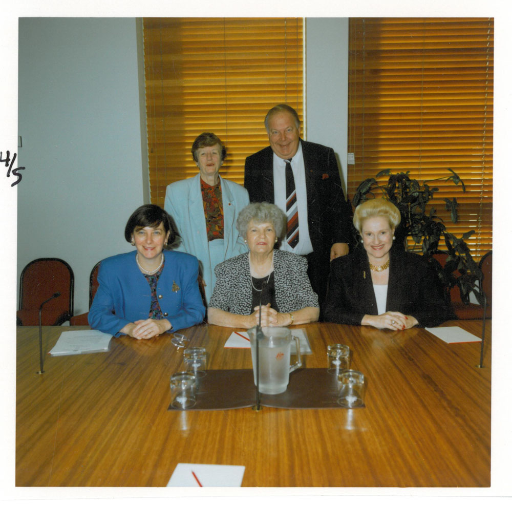 Standing Committee on Regulations and Ordinances, ca1990-92. Standing L-R: Senators Olive Zakharov and Mal Colston. Seated L-R: Senators Kay Patterson, Patricia Giles [Chair] and Bronwyn Bishop [Deputy Chair].