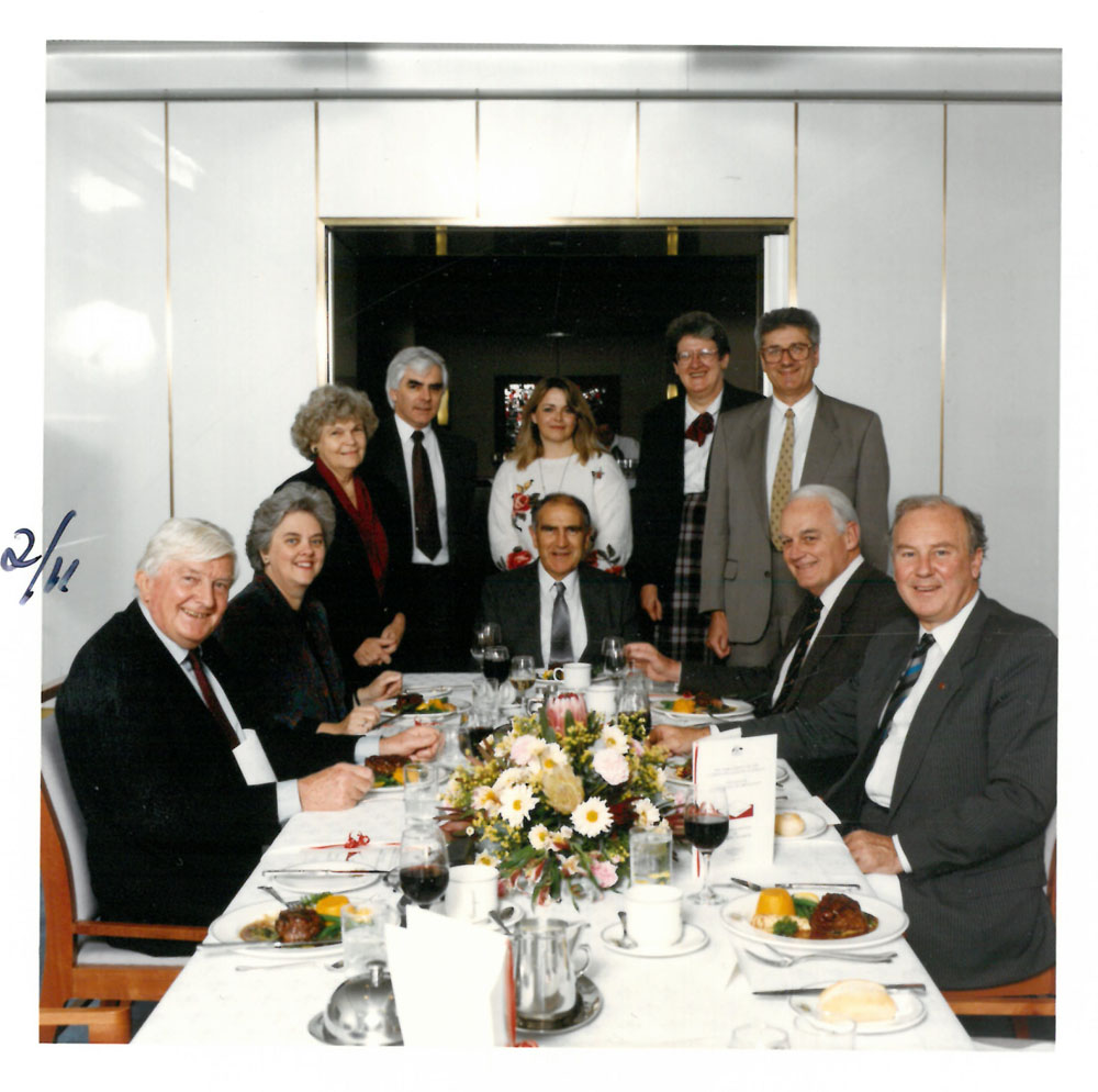Members and staff of the Standing Committee of Privileges at a dinner in Parliament House in honour of retiring Senators Peter Durack, Patricia Giles and Janet Powell, 1993. Standing L-R: Senators Patricia Giles [Chair] and John Coates, Colleen Cameron [Research Officer], Anne Lynch [Secretary] and Senator Bruce Childs. Seated L-R: Senators Peter Durack [former Deputy Chair], Janet Powell, Barney Cooney, John Herron and Baden Teague [Deputy Chair]. DPS Auspic.