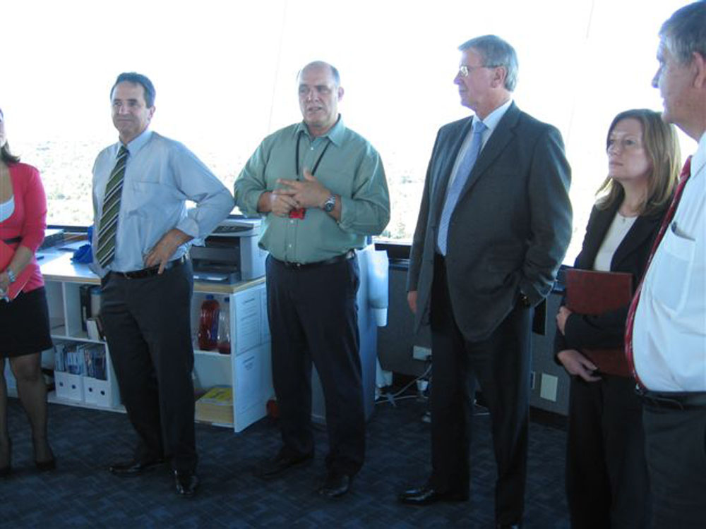 Rural Affairs and Transport References Committee members inspecting a control tower at Perth Airport, 27 April 2010. L-R: Senator Glenn Sterle, Airservices Australia employee, Senator Kerry O'Brien, Jeanette Radcliffe [Committee Secretary] and Senator Bill Heffernan.
