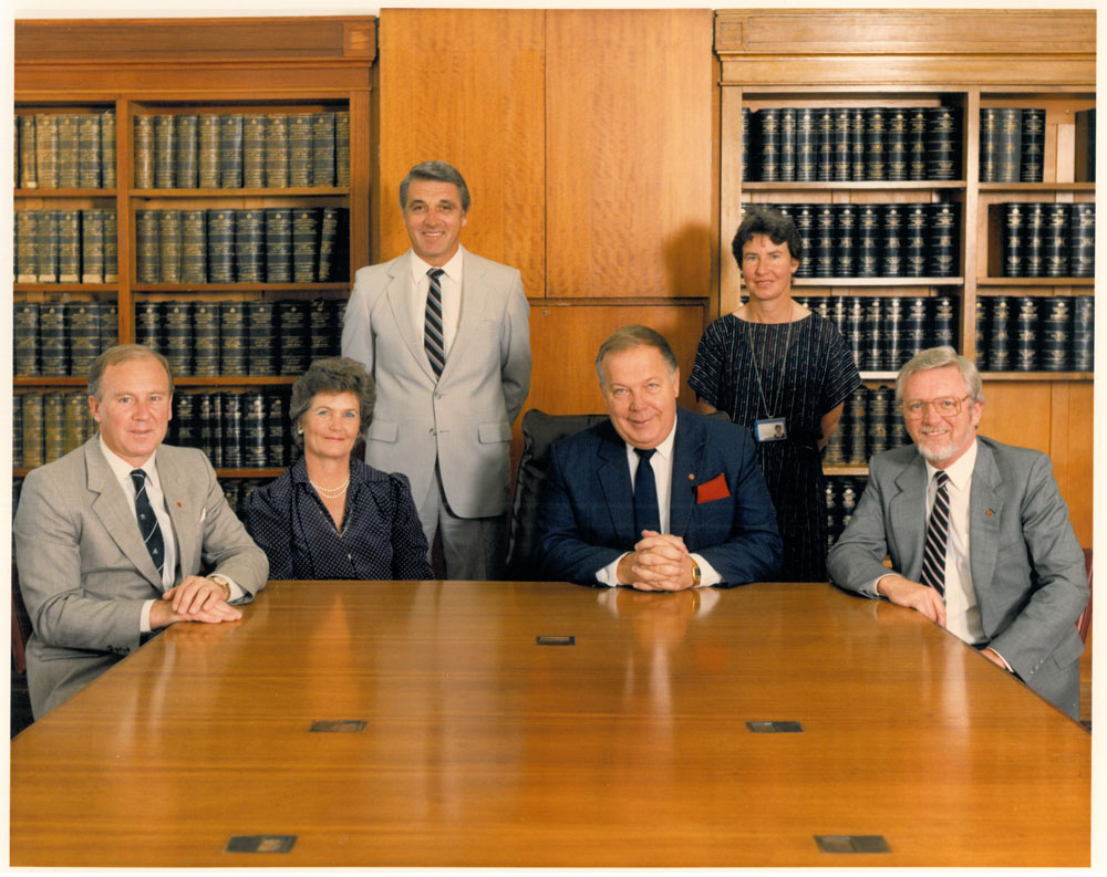 Select Committee on the Education of Gifted and Talented Children, 1987. Standing L-R: Tony Magi [Secretary] and Barbara Allan [Research Officer]. Seated L-R: Senators Baden Teague [Deputy Chair], Jocelyn Newman, Mal Colston [Chair] and Michael Beahan.