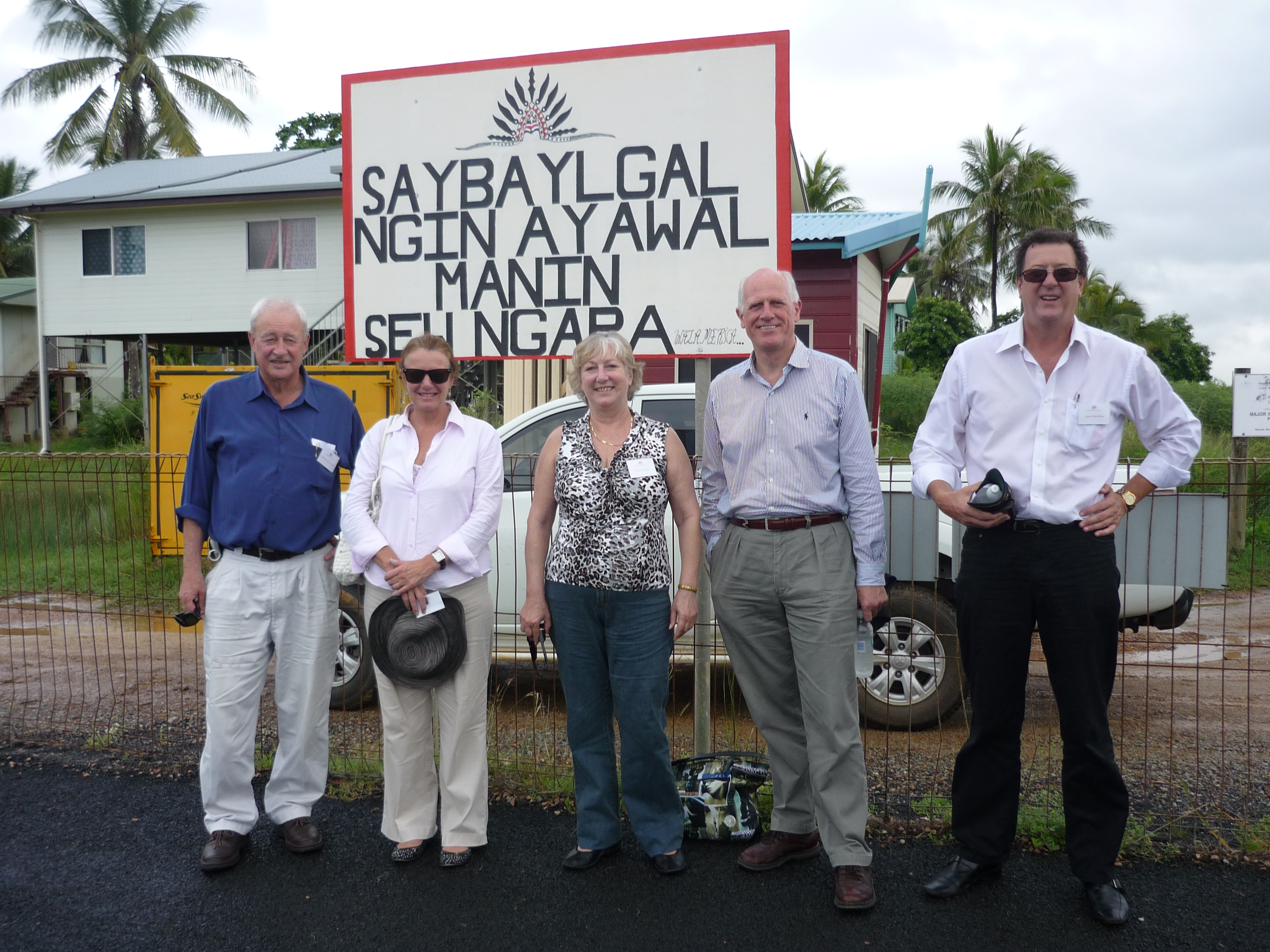 Foreign Affairs Defence and Trade References Committee on the Island of Saibai, 23 March 2010. L-R: Senators Alan Ferguson, Mark Bishop, Helen Kroger, Sue Boyce and Russell Trood.