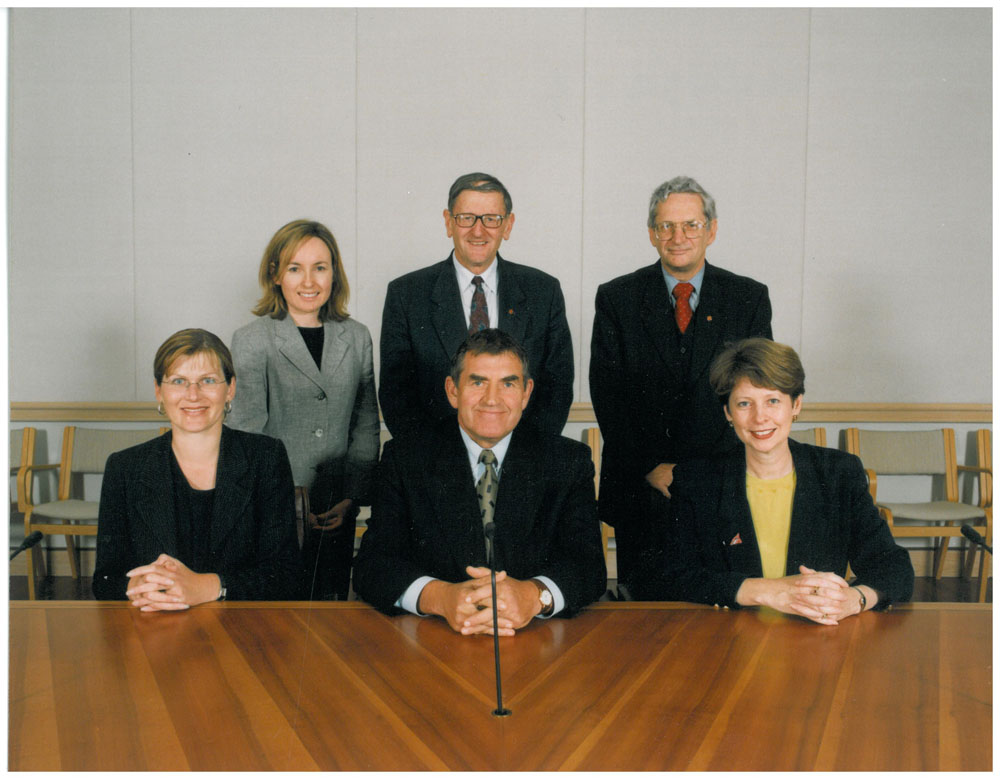 Finance and Public Administration References Committee, ca2000-01. Standing L-R: Margaret Cahill [Research Officer], Senators John Watson [Deputy Chair] and Geoff Buckland. Seated L-R: Senators Kate Lundy and George Campbell [Chair], and Helen Donaldson [Secretary].