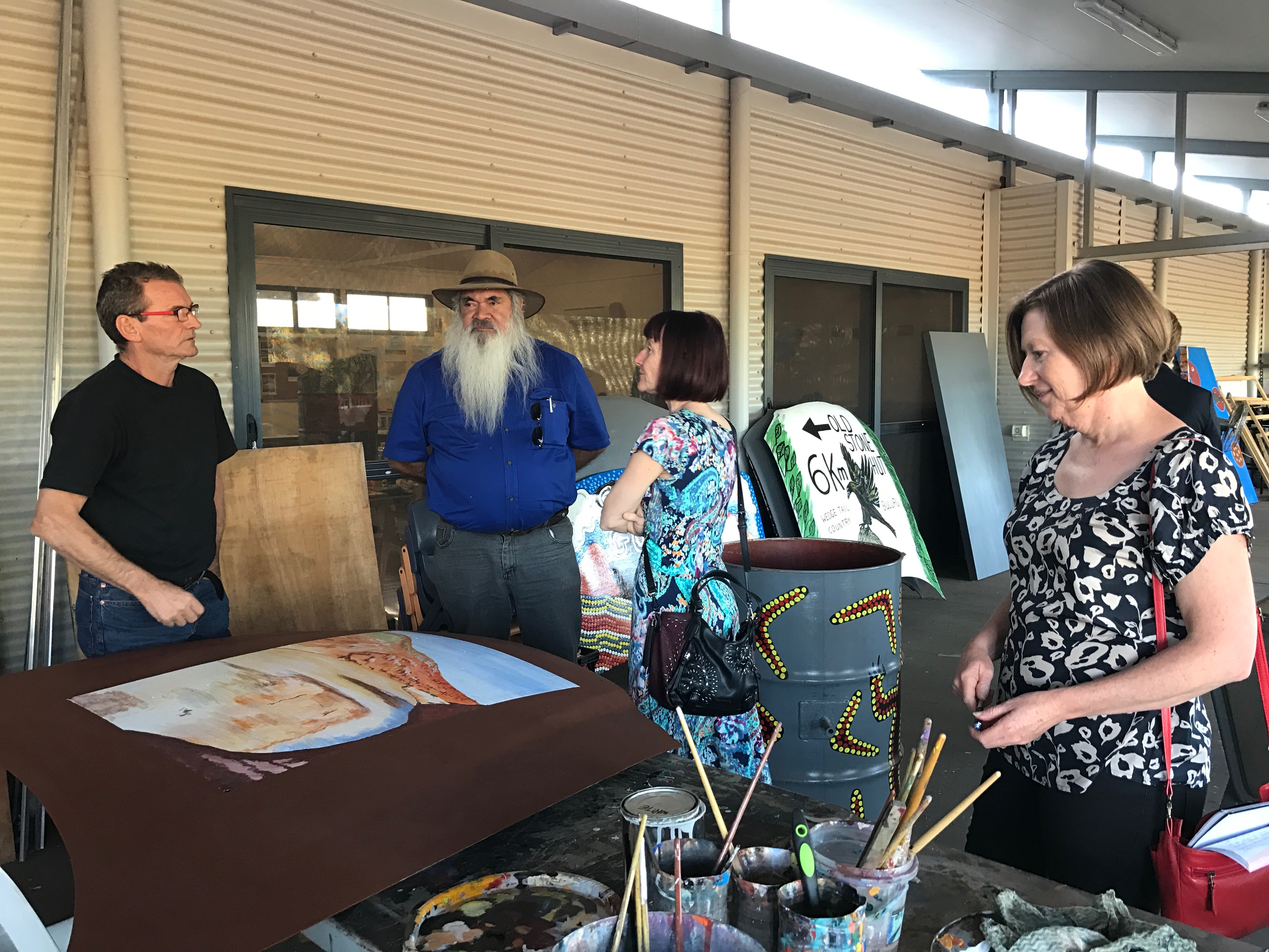 Community Affairs References Committee visit to Yarliyil Art Centre, Halls Creek, WA, 8 June 2017. L-R: Centre Manager and Senators Pat Dodson and Rachel Siewert and Committee Secretary Jeanette Radcliffe.