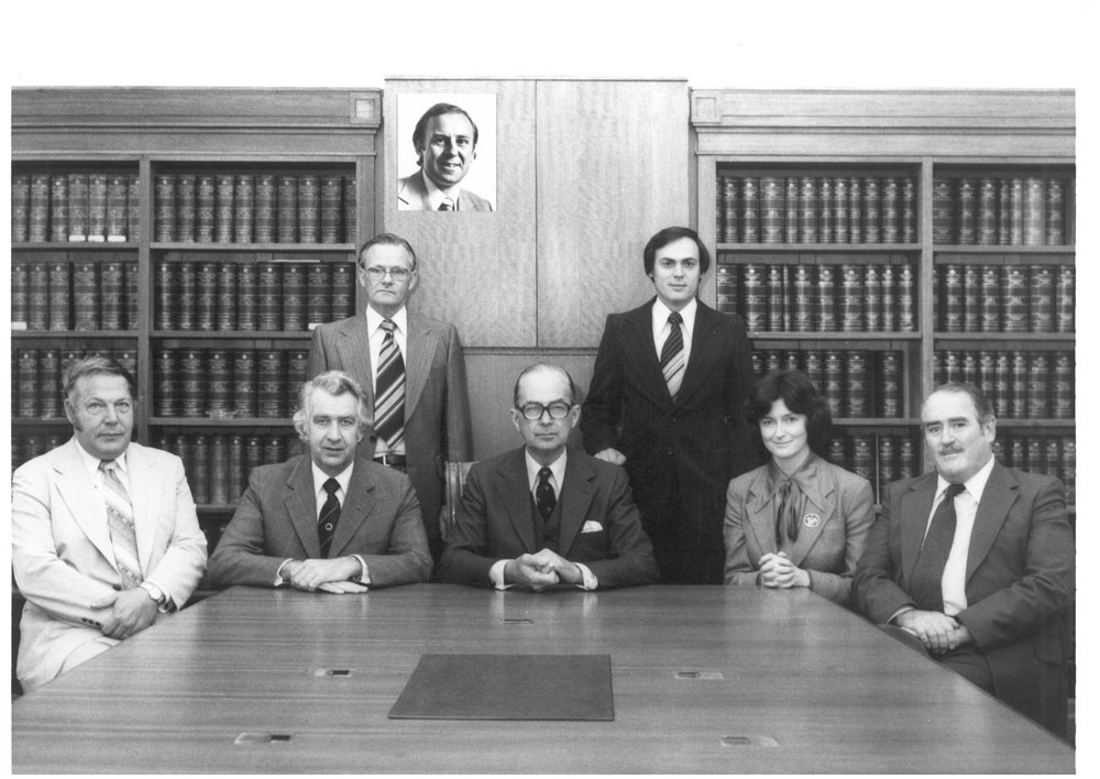 Standing Committee on Education and the Arts, 27 September 1979. Inset: Senator Baden Teague. Standing L-R: John Lipscombe [Secretary] and Wayne Kathage [Research Officer]. Seated L-R: Senators Mal Colston, Stan Collard, Gordon Davidson [Chair], Susan Ryan and Ted Robertson.