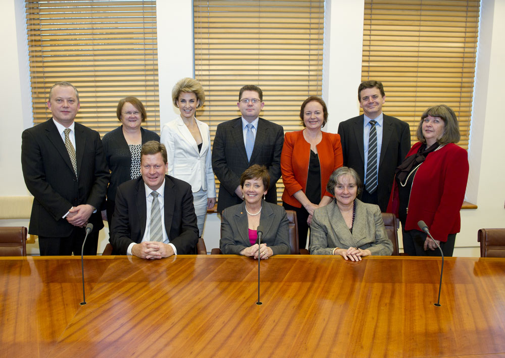 Members and staff of the Standing Committee on Regulations and Ordinances, 16 June 2011. Standing L-R: Ivan Powell [Secretary], Janice Paull [Senior Research Officer], Senators Michaelia Cash, Scott Ryan and Carol Brown, Professor Stephen Bottomley (Legal Adviser) and Jill Manning [Administrative Officer]. Seated L-R: Senators Michael Ronaldson [Deputy Chair], Ursula Stephens [Chair] and Claire Moore. DPS Auspic.