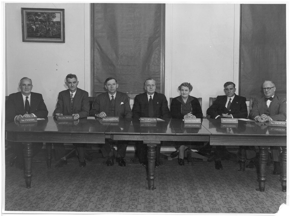 Select Committee on the Development of Canberrra, 27 October 1955. L-R: Senators John Ryan, Ian Wood, Clive Hannaford, John McCallum [Chair], Dorothy Tangney, Seddon Vincent and Archie Benn.