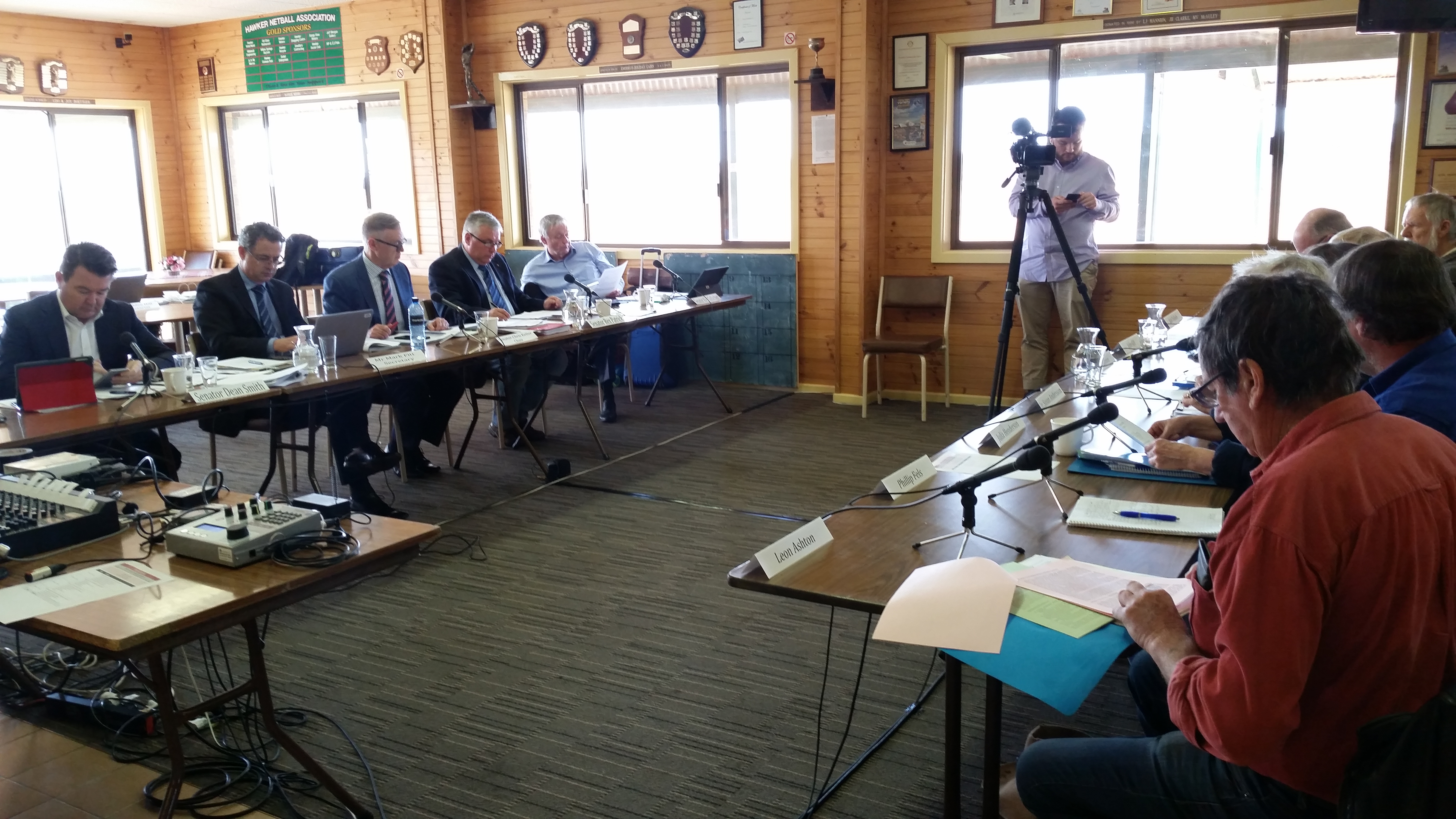 Economics References Committee, 6 July 2018. L-R facing camera: Senator Dean Smith, Mark Fitt [Committee Secretary] and Senators Chris Ketter [Chair], Rex Patrick and Alex Gallacher hearing evidence from representatives of the Flinders Local Action Group.
