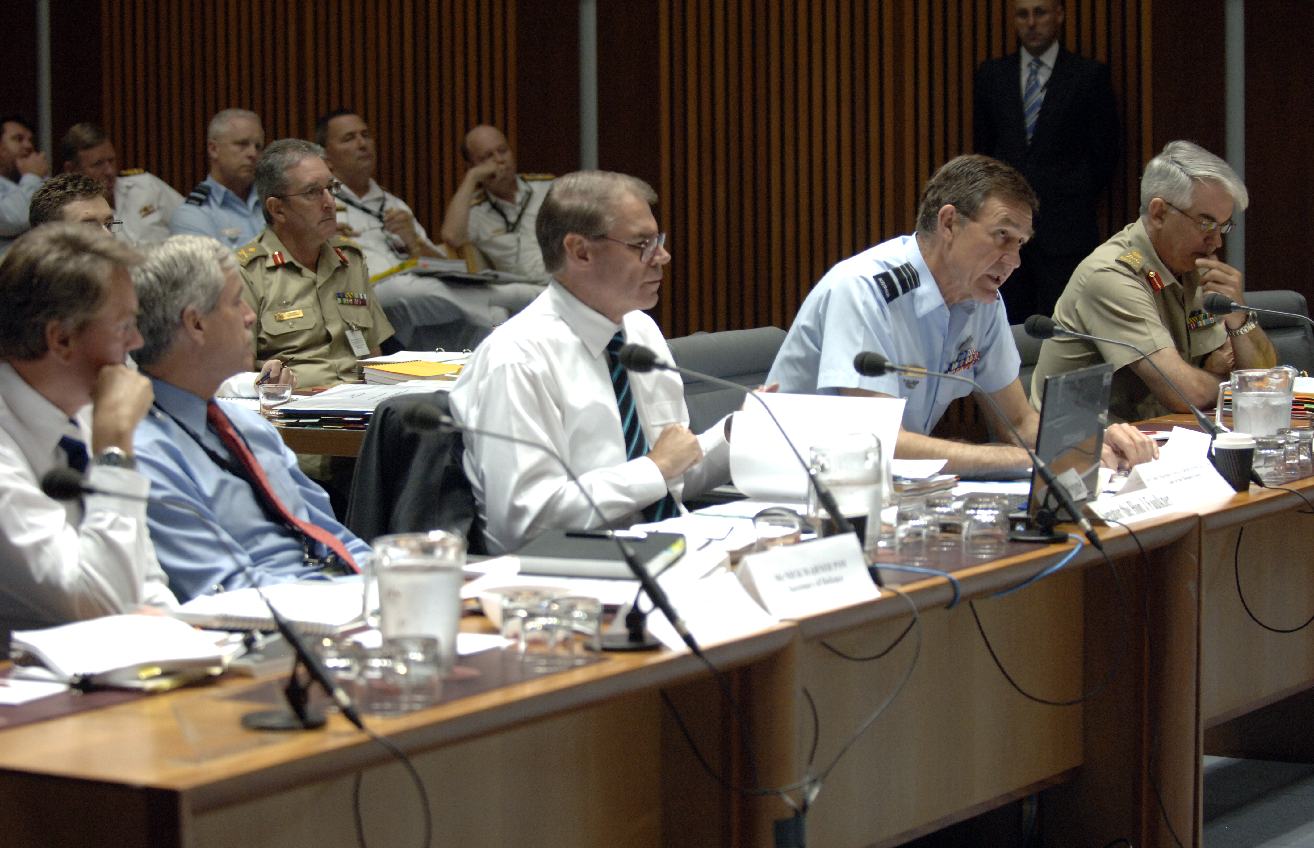 Standing Committee on Foreign Affairs, Defence and Trade, 25 February 2009. Seated at witness table facing camera L-R: Witnesses Phillip Prior and Nick Warner from the Department of Defence, Senator John Faulkner [Special Minister of State], Air Chief Marshal Angus Houston [Chief of the Defence Force] and Lieutenant General Ken Gillespie [Chief of Army]. DPS Auspic.