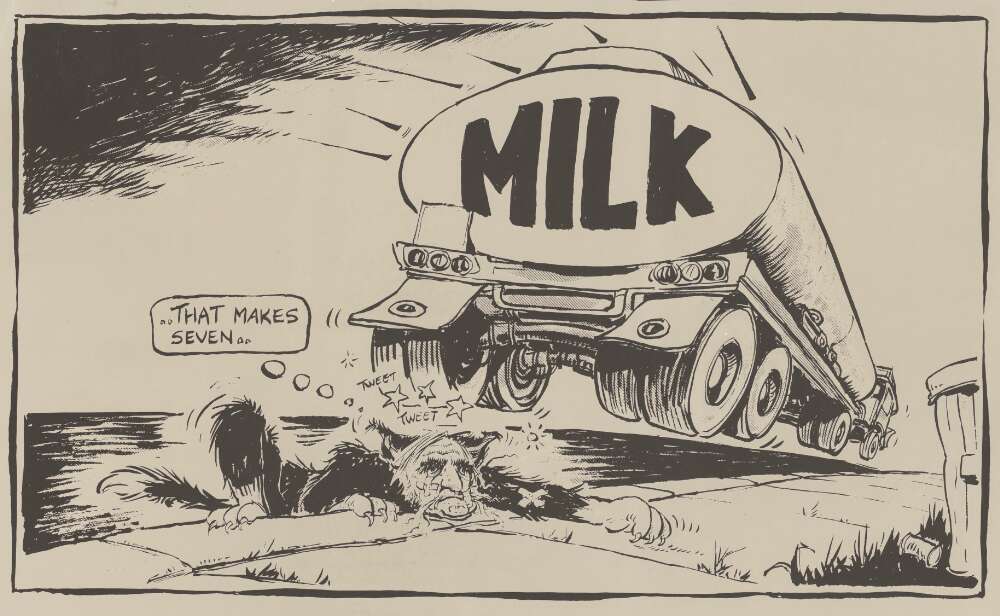 Cartoon—Geoff Pryor, 'That makes seven', Canberra Times, 18 September 1981, National Library of Australia, nla.obj-156390375. Cartoon in response to the Finance and Government Operation Committee casting doubt on a statement by Minister for Primary Industry Ian Sinclair that he was unaware that actions of Australian Dairy Corporation  subsidiary Asia Dairy Industries were in breach of an international trade agreement.