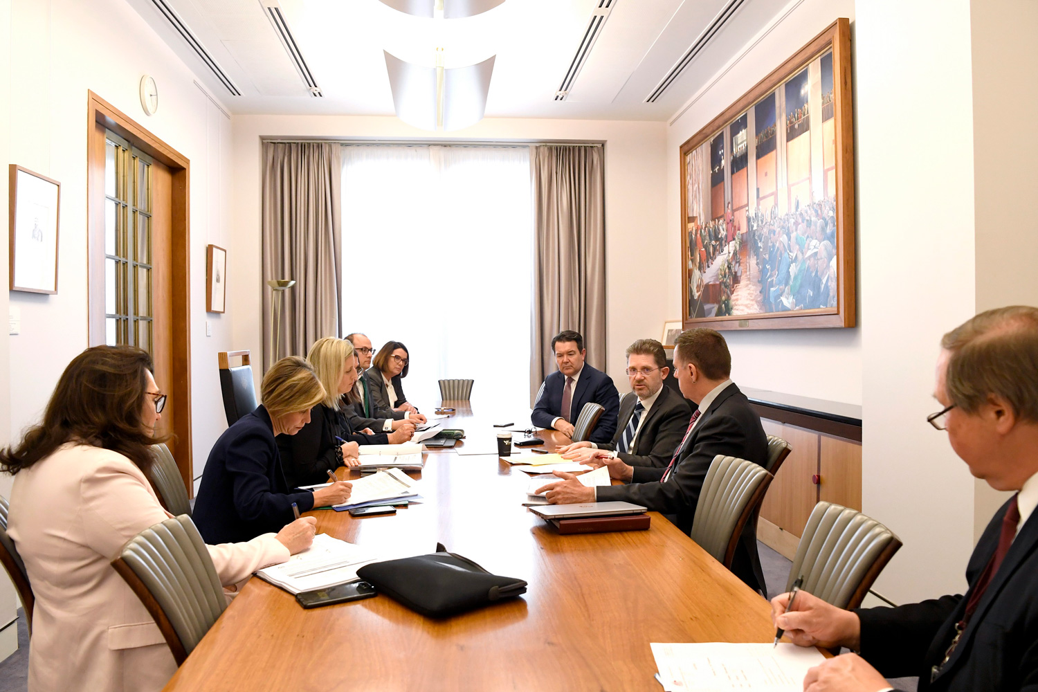 Appropriations, Staffing and Security Committee, 3 December 2019. L-R: Senators Deborah O'Neill, Jenny McAllister, Katy Gallagher, Sue Lines (obscured), Raff Ciccone, Anne Ruston, Dean Smith and Scott Ryan [Chair], Richard Pye [Clerk of the Sneate] and James Warmenhoven [Committee Secretary].