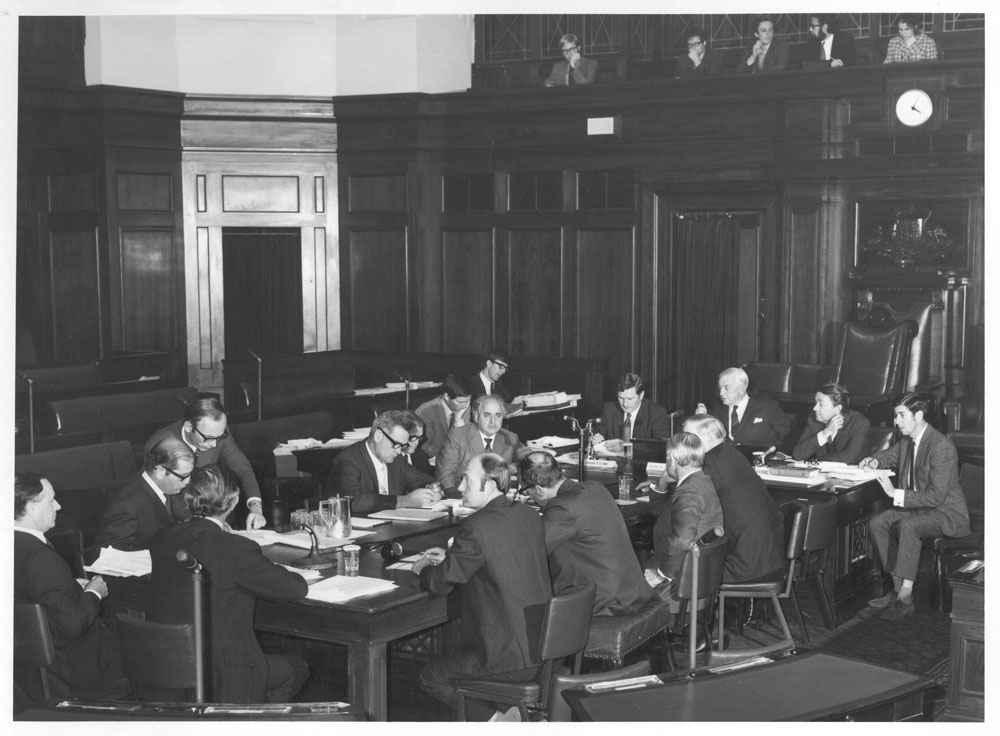 Select Committee on Securities and Exchange in session in the Senate Chamber of the Provisional Parliament House, May 1971.