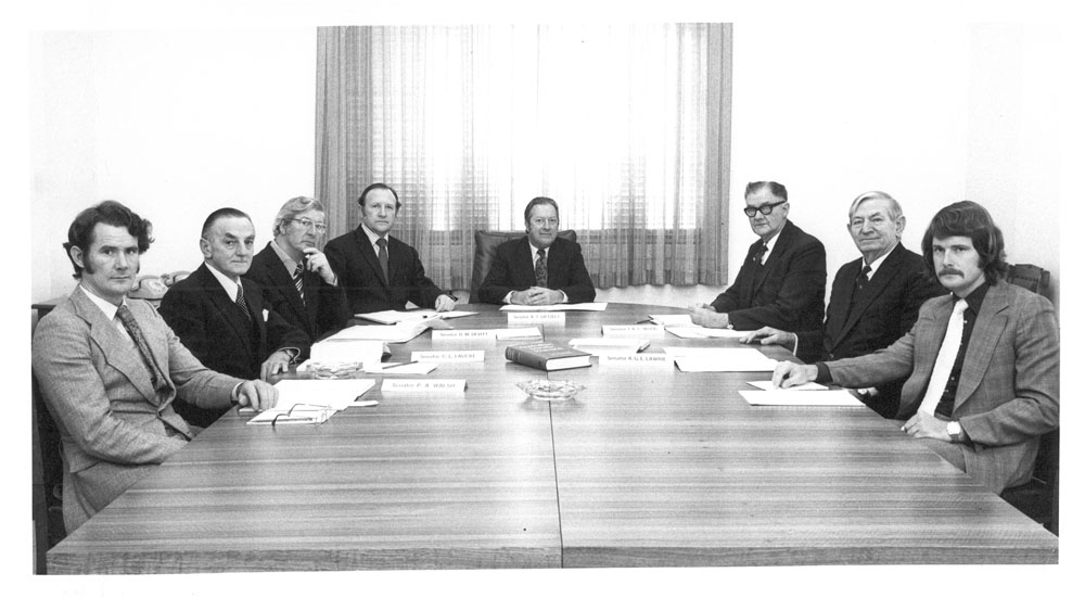 Standing Committee on Finance and Government Operations, June 1975. L-R: Senators Peter Walsh, Condor Laucke and Don Devitt, R.P. Joske [Secretary], Senators Arthur Gietzelt [Chair], Ian Wood and Ellis Lawrie, and G. Watters [Research Officer].