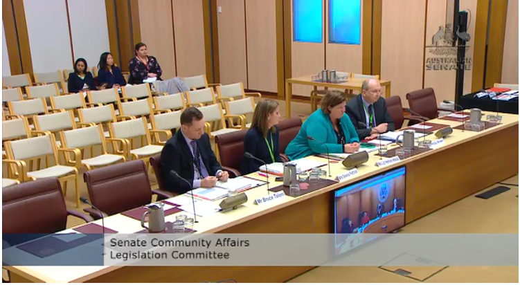 Witnesses from the Department of Social Services appearing before the committee by teleconference in Parliament House, Canberra, 7 August 2018. L-R: Bruce Taloni, Families and Communities Reform Group; Selena Pattrick, Welfare Quarantining and Gambling Branch; Elizabeth Hefren-Webb, Deputy Secretary, Families and Communities; Philip Brown, Policy Strategy and Capability Branch.