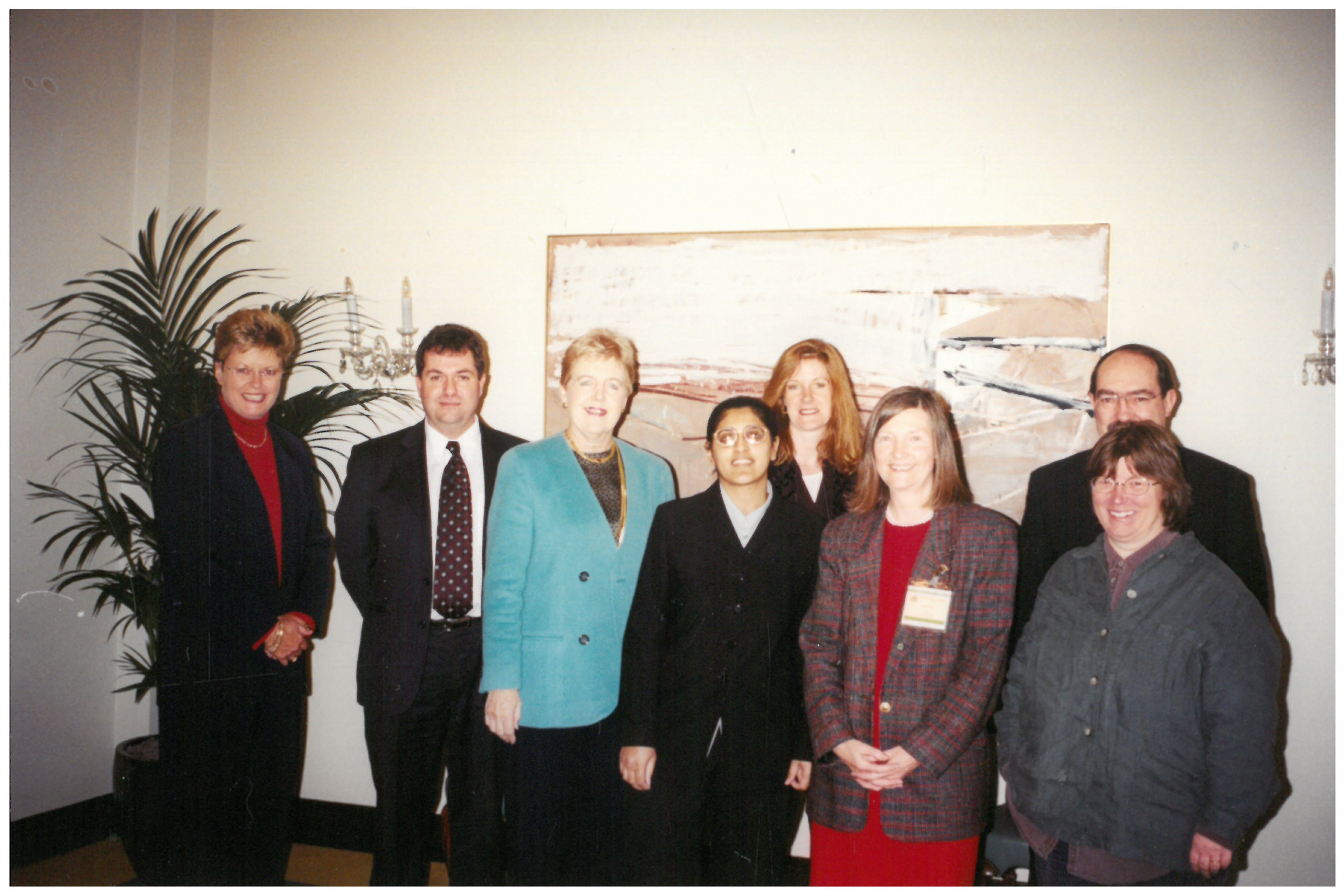 Community Affairs References Committee meeting with representatives of the National Council of Voluntary Child Care Organisations (NCVCCO) at Australia House, London, during the committee's parliamentary delegation to the United Kingdom, 20 April 2001. L-R: Senator Sue Knowles [Deputy Chair], Ian Thwaites [Senior Social Worker, Child Migrants Trust and Steering Group Member], Senator Rosemary Crowley [Delegation Leader; Chair], Rizwana Shah [Child Migrant Project Administrator, NCVCCO], Kathryn Hutton [Australian Desk Officer, Foreign and Commonwealth Office], Erica De’Ath [Chief Executive, NCVCCO], Senator Andrew Murray and Joan Kerry [Steering Group Member].
