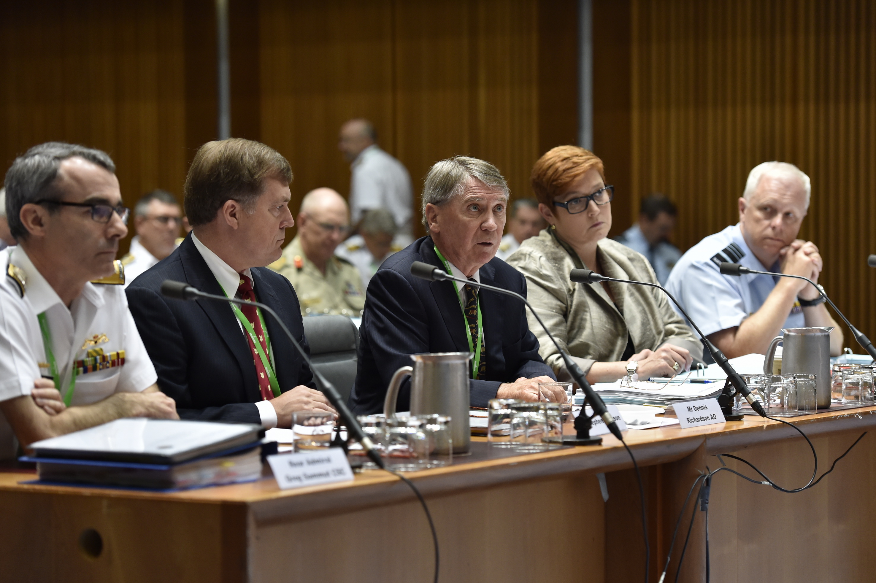Foreign Affairs, Defence and Trade Legislation Committee additional estimates hearing, 10 February 2016. L-R: Department of Defence witnesses Rear Admiral Greg Sammut [Head, Future Submarine Program], Stephen Johnson [General Manager, Submarines] and Dennis Richardson [Secretary] with Senator the Hon Marise Payne [Minister for Defence] and Air Chief Marshal Mark Binskin [Chief of the Defence Force]. DPS Auspic.