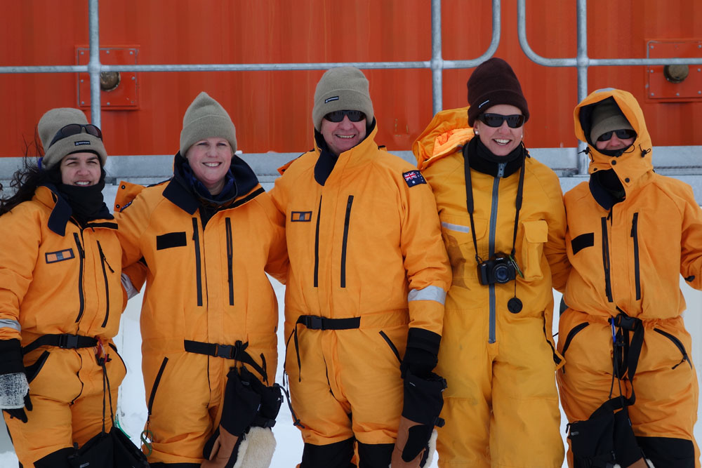 Environment and Communications Committee members with the Member for Franklin at Wilkins Aerodrome, Antarctica, 13 December 2012. L-R: Senators Lisa Singh, Catryna Bilyk, Doug Cameron, Bridget McKenzie and Julie Collins MP. Photograph by Anthony Fleming, Australian Antarctic Division.