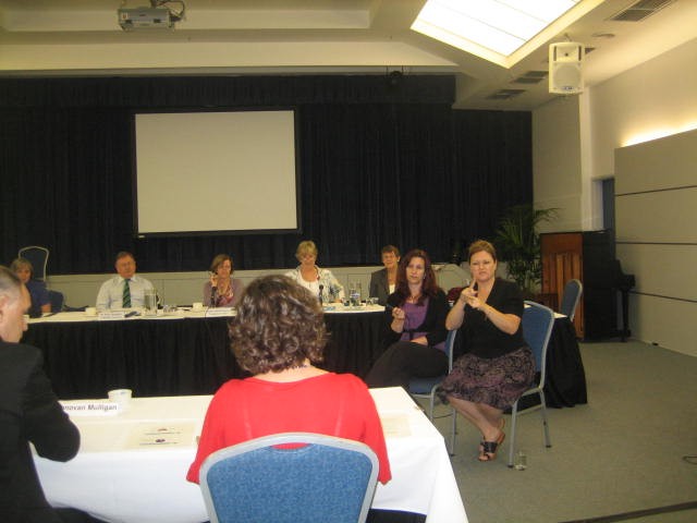 Community Affairs References Committee hearing, Wesley Conference Centre, Sydney, 11 November 2009. Witnesses Donovan Mulligan and Kate Nelson from Deaf Australia appear before (L-R) Senators Claire Moore, [unknown], Rachel Siewert, Sue Boyce and Judith Adams.
