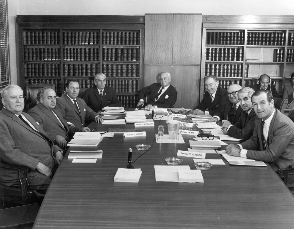 From left: Senator the Hon. Sir Alister McMullin KCMG (President of the Senate) and senators George Georges, Douglas McClelland, Kenneth Anderson, Magnus Cormack (chair), Lionel Murphy, Vincent Gair, John Sim and Harold Young