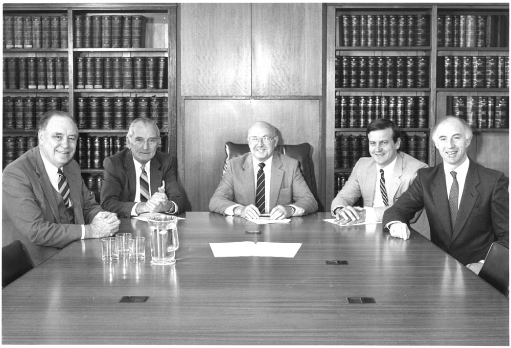 Standing Committee on Foreign Affairs and Defence, 4 June 1987. L-R: Senators David Hamer, John Carrick, Gordon McIntosh, John Black and Terry Aulich. NAA: A6180, 9/6/87/10.